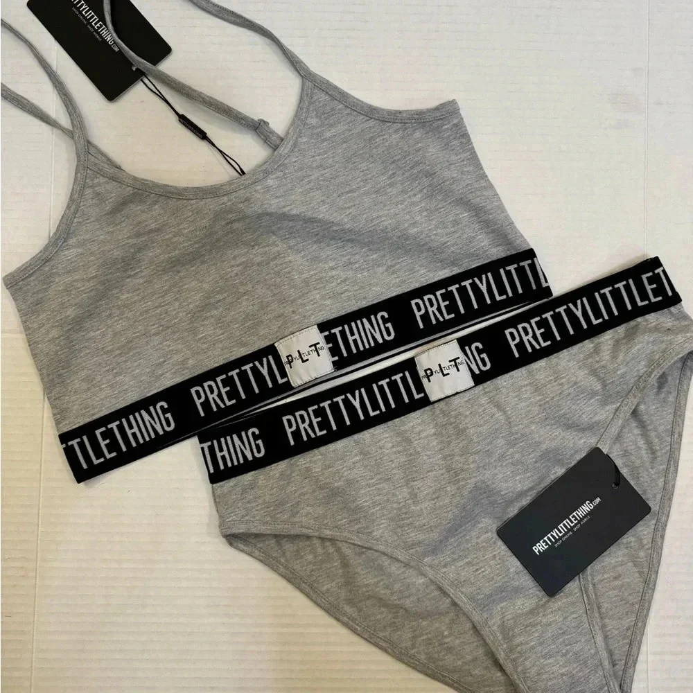 PRETTYLITTLETTHING GREY JERSEY LOGO TAPE LINGERIE SET